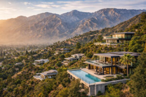 Luxury hillside homes in Altadena featuring modern glass architecture with the San Gabriel Mountains backdrop