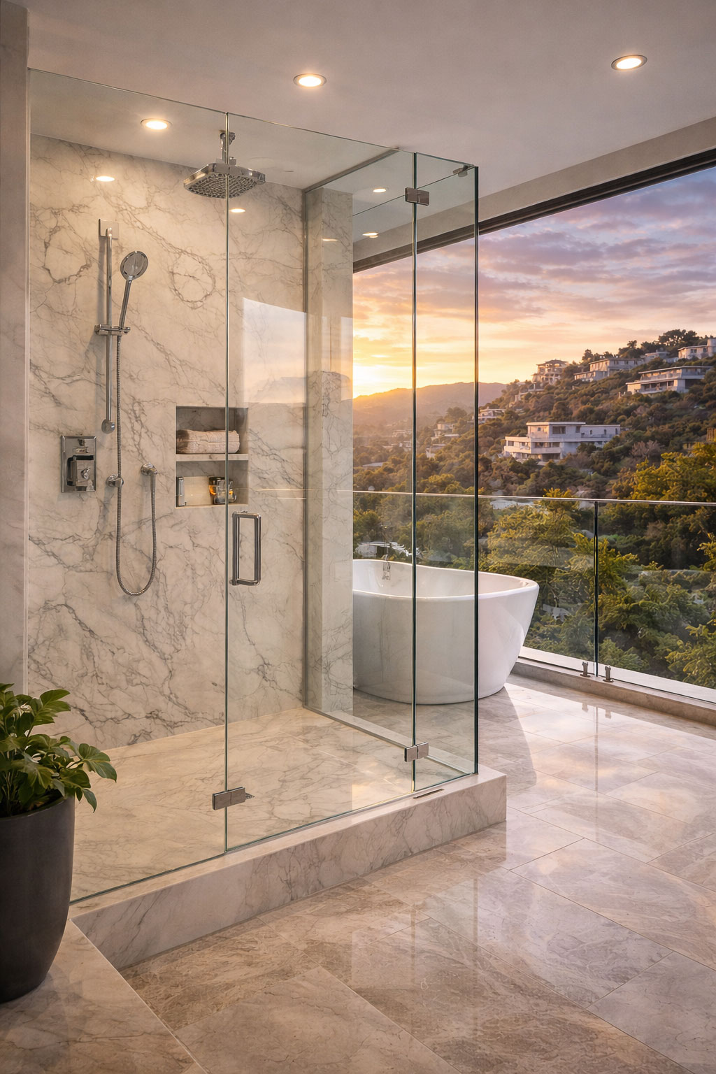 Frameless shower doors Glass Definition Van Nuys luxury bathroom Hollywood Hills view