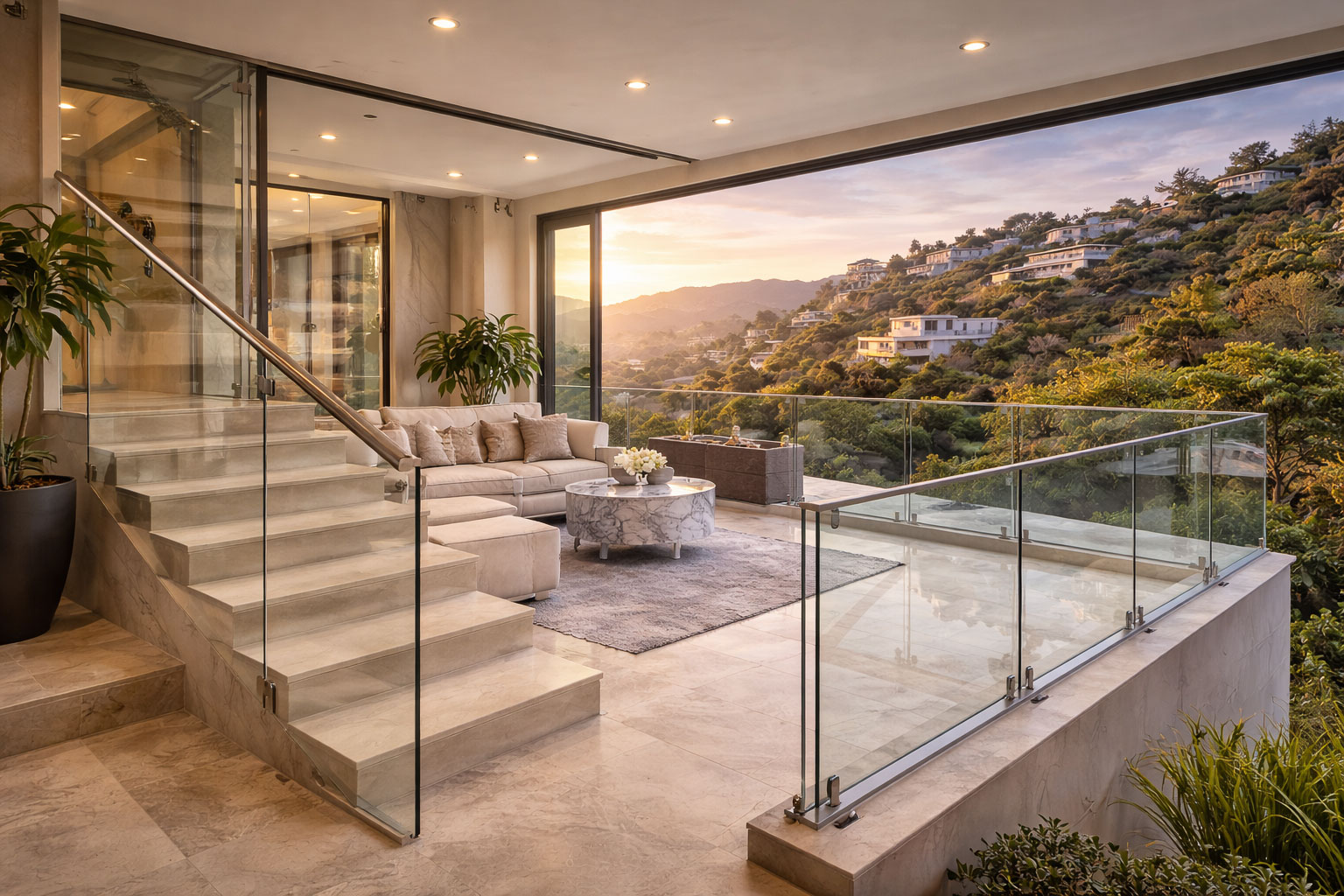 Glass railings Glass Definition Van Nuys balcony stair railings Hollywood Hills view