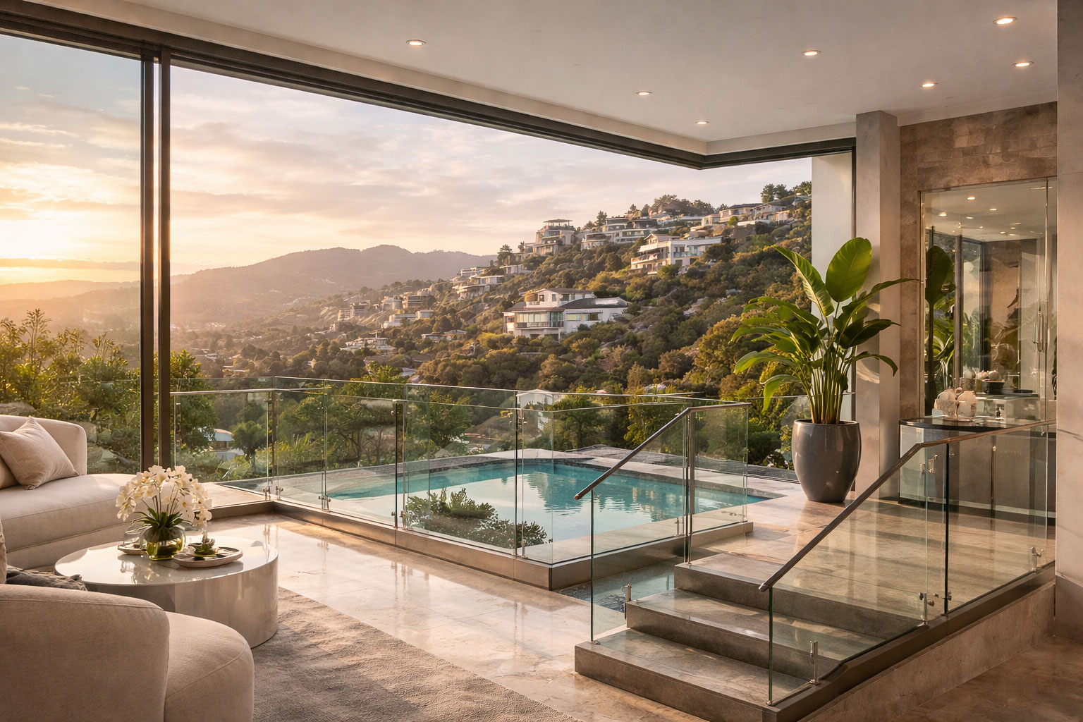 Glass Definition Van Nuys headquarters showroom with frameless glass systems overlooking Hollywood Hills luxury homes